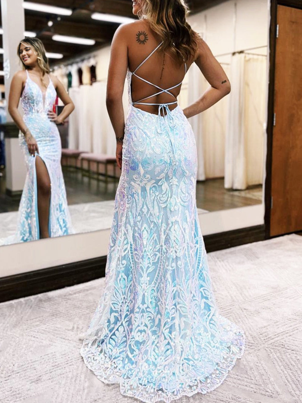 Raddix | Mermaid Deep V Neck Blue Sequins Lace Long Prom Dresses with Slit