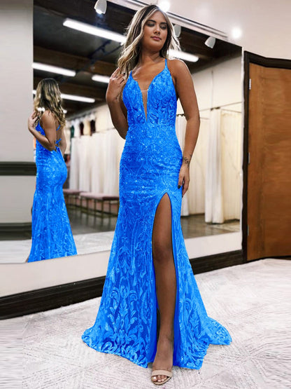 Raddix | Mermaid Deep V Neck Blue Sequins Lace Long Prom Dresses with Slit