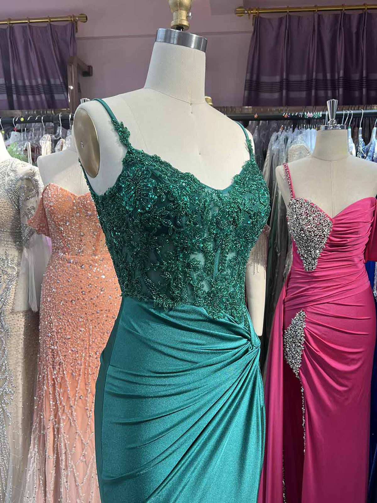 Rafenild | Green V Neck Beading Satin Long Slit Prom Dresses