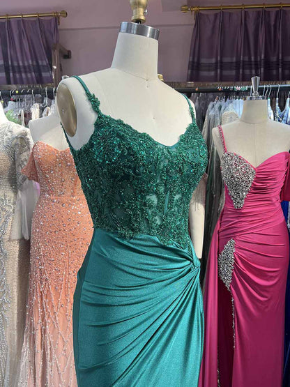 Rafenild | Green V Neck Beading Satin Long Slit Prom Dresses