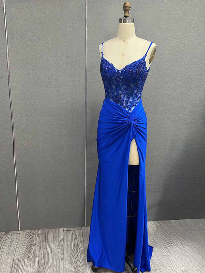 Rafenild | Green V Neck Beading Satin Long Slit Prom Dresses