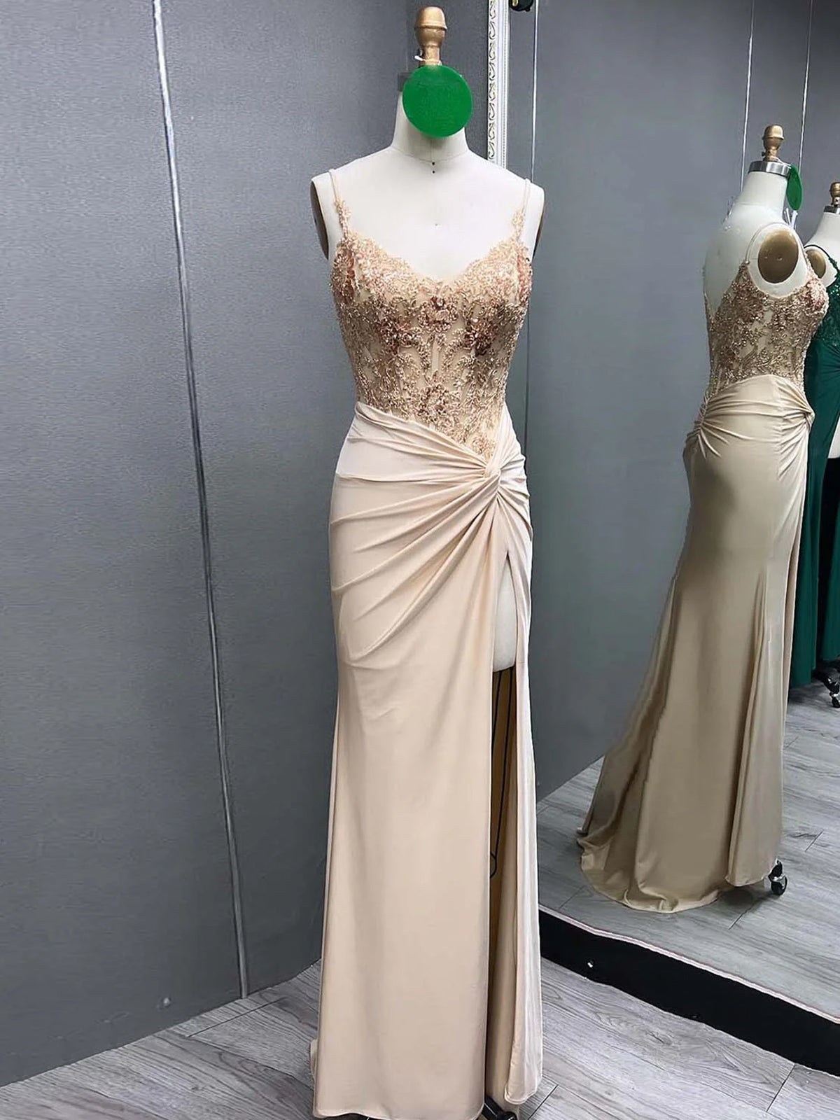 Rafenild | Green V Neck Beading Satin Long Slit Prom Dresses