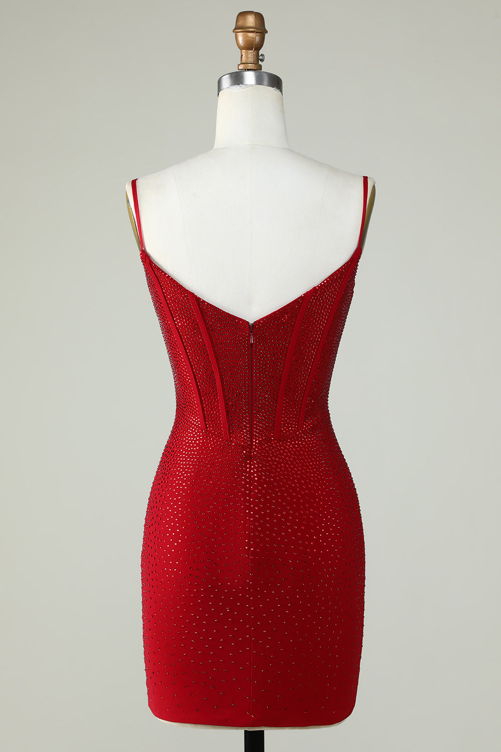 Red Beaded Sheath Spaghetti Strap Homecoming Dress