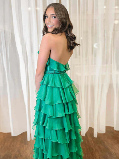 Halter Keyhole Ruffle Tiered Prom Dress with Slit