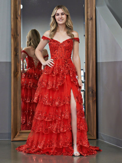 Red Princess A Line Off the Shoulder Corset Prom Dress with Lace Ruffles