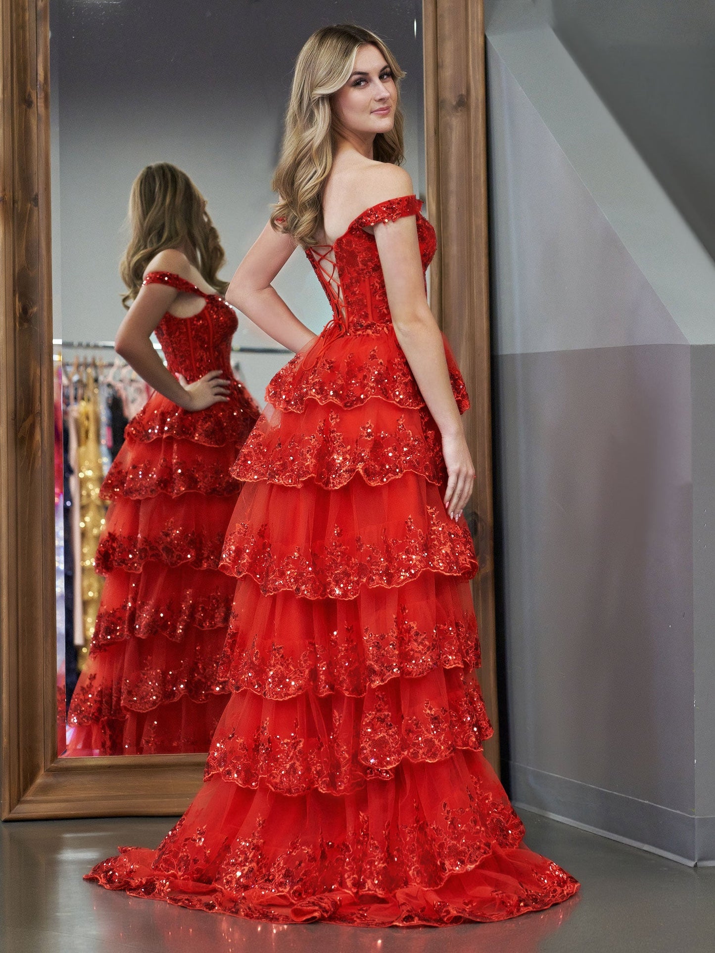 Red Princess A Line Off the Shoulder Corset Prom Dress with Lace Ruffles