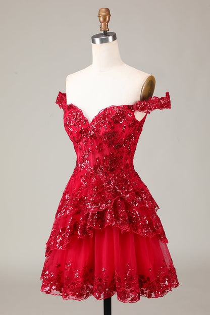 Red Sparkly Corset Tiered Lace A-Line Homecoming Dress