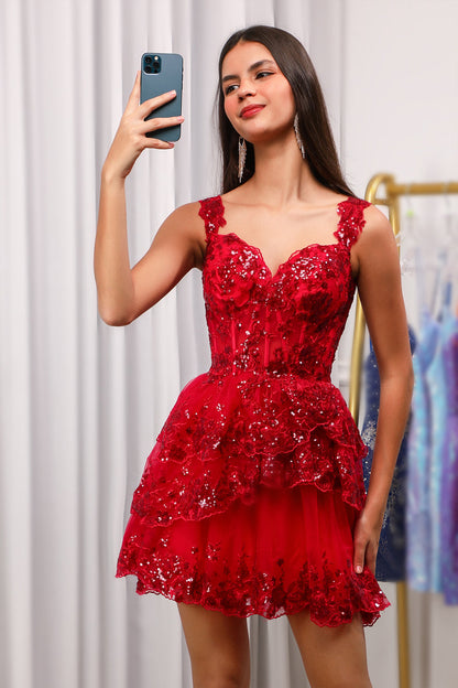 Red Sparkly Corset Tiered Lace A-Line Homecoming Dress