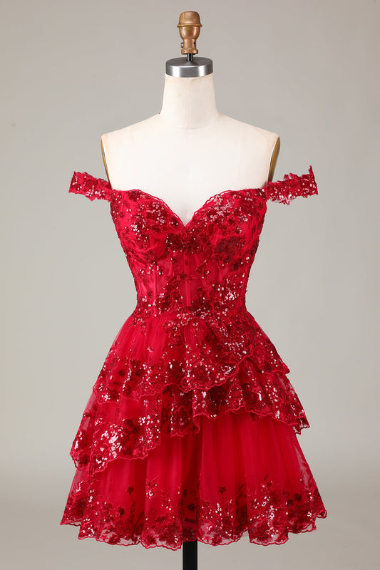 Red Sparkly Corset Tiered Lace A-Line Homecoming Dress