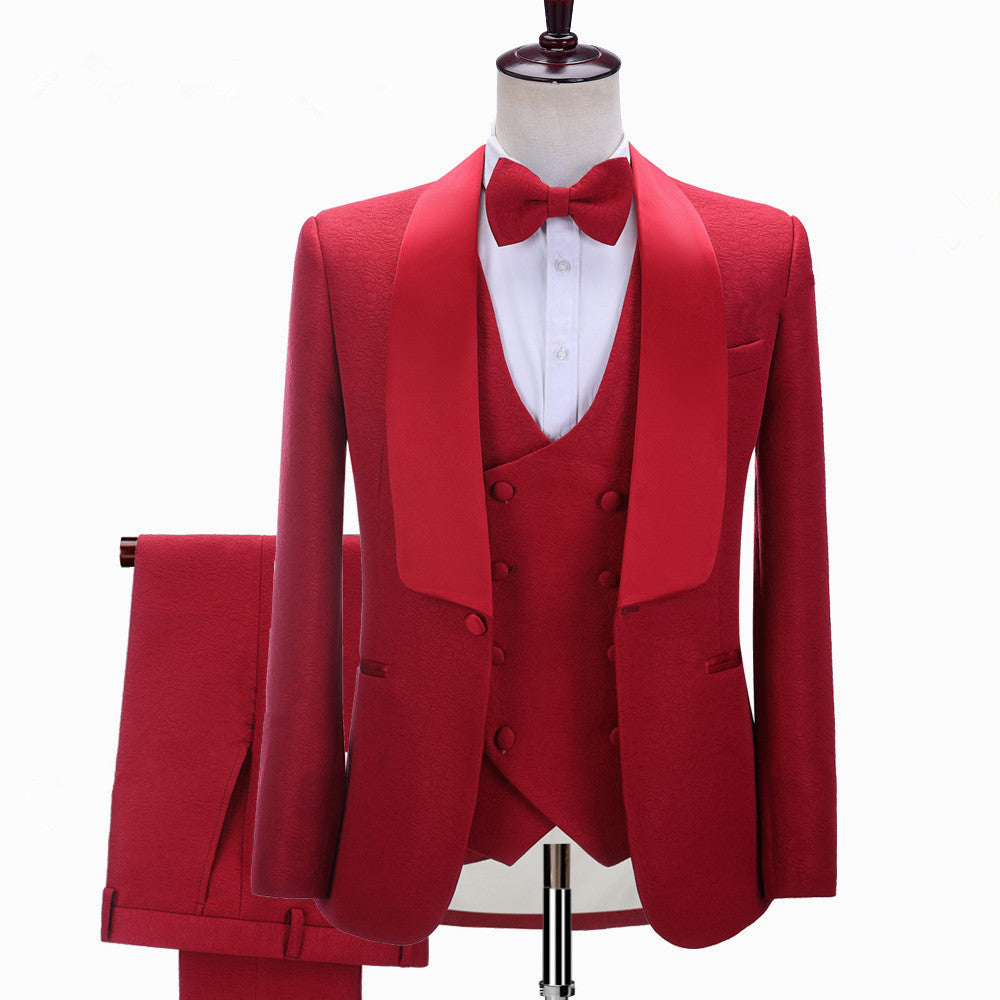 Red Three-piece Shawl Lapel Slim Fit Wedding Suits