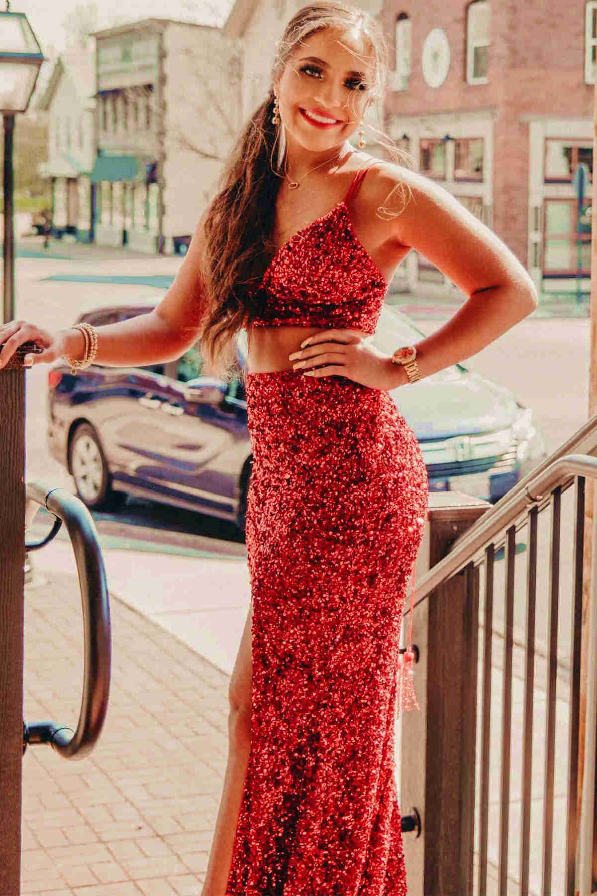 Briana |Two Piece Mermaid Sequins Prom Dress with Slit