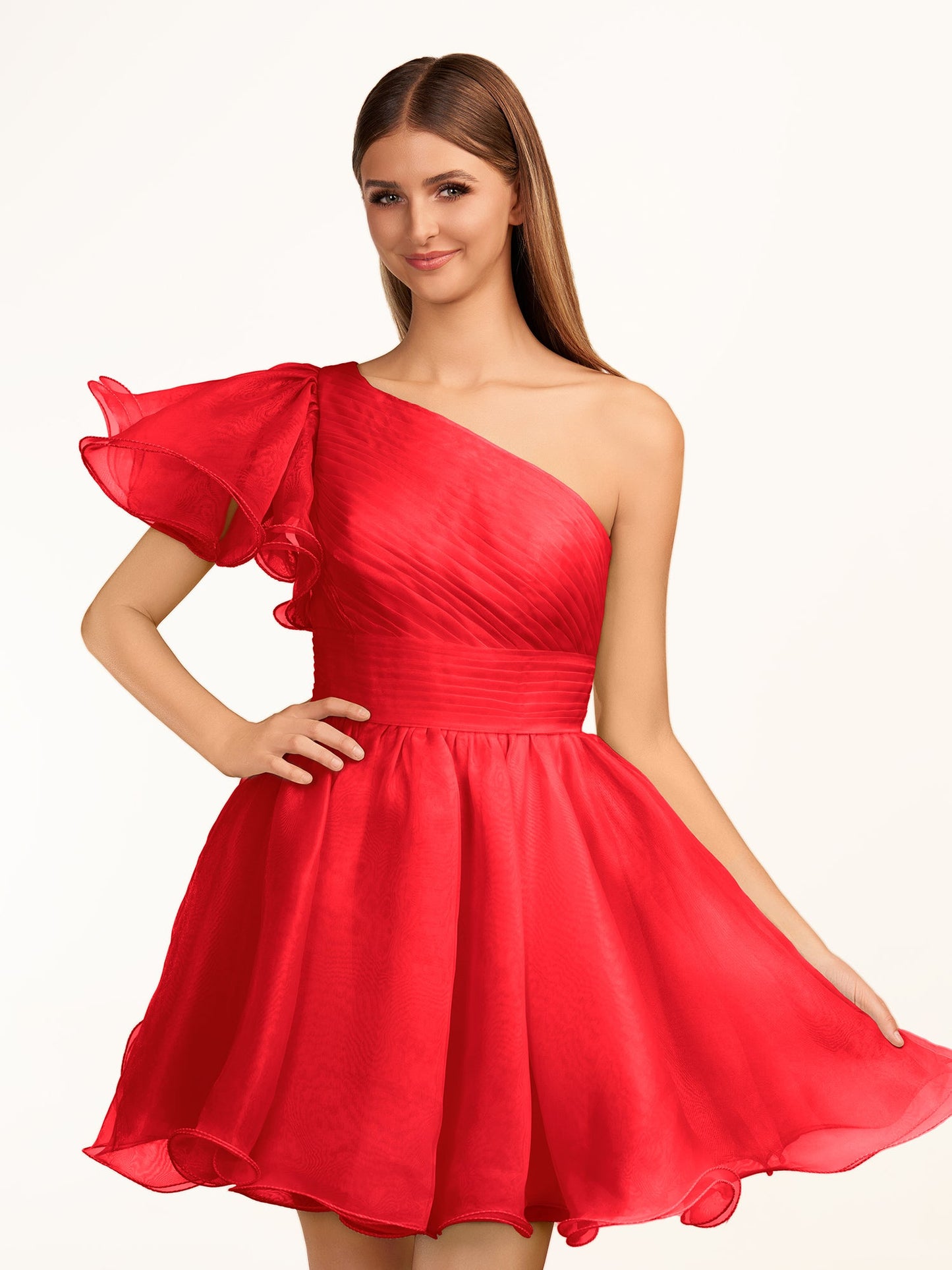 Rose | Ivory A-line One Shoulder Organza Ruffled Homecoming Dress