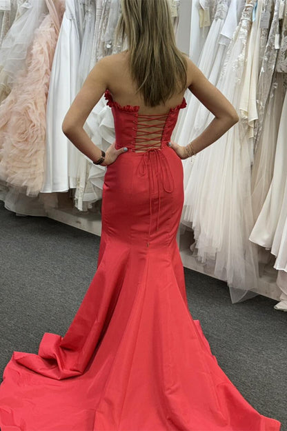 Denver | Strapless Maganta Ruffle Mermaid Slit Long Prom Dress