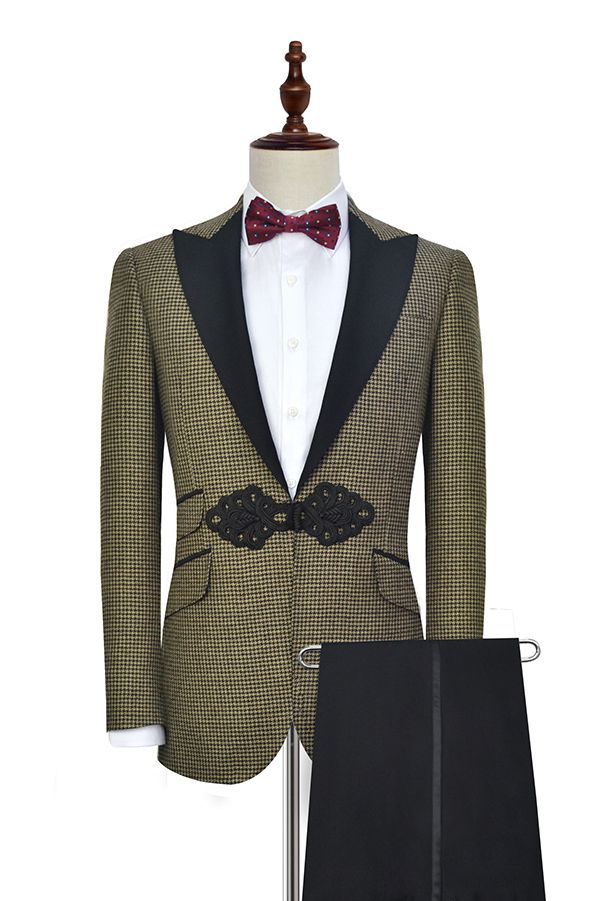 Retro Small Checked Marriage Suits Knitted Button Black Peak Lapel Wedding Suits for Men