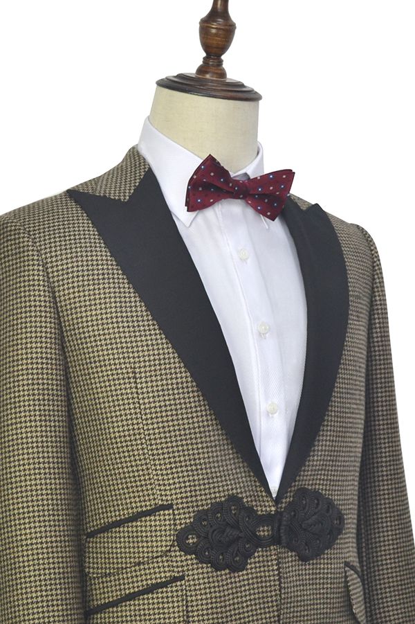 Retro Small Checked Marriage Suits Knitted Button Black Peak Lapel Wedding Suits for Men