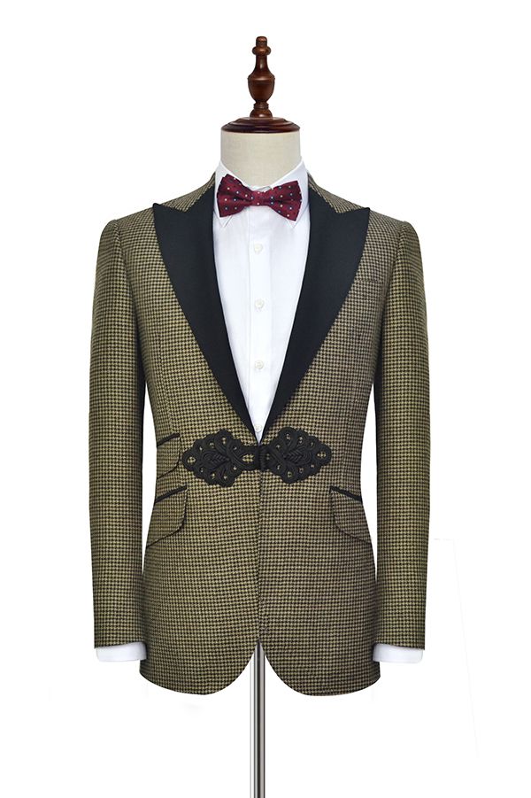 Retro Small Checked Marriage Suits Knitted Button Black Peak Lapel Wedding Suits for Men