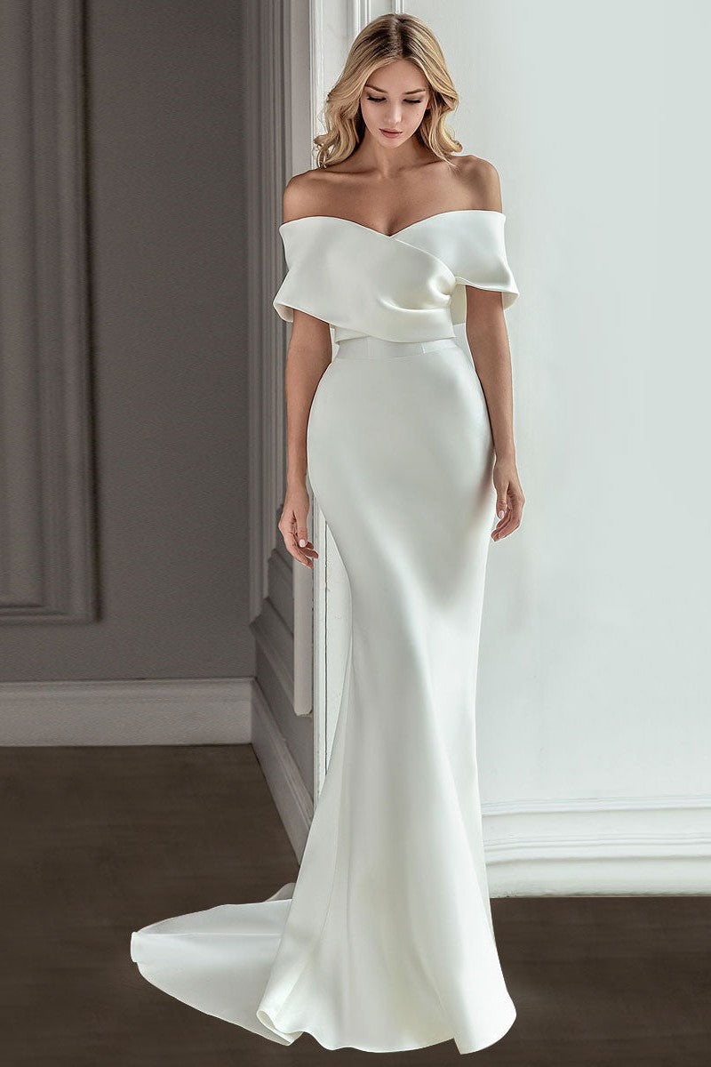 Retro White Wedding Dress With Train Satin Off The Shoulder Pleated Mermaid Bridal Gowns