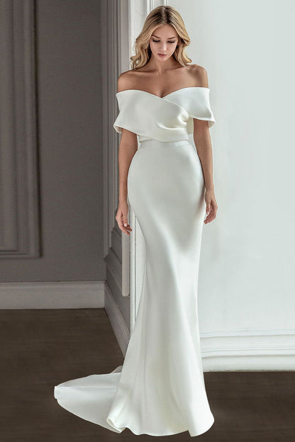 Retro White Wedding Dress With Train Satin Off The Shoulder Pleated Mermaid Bridal Gowns