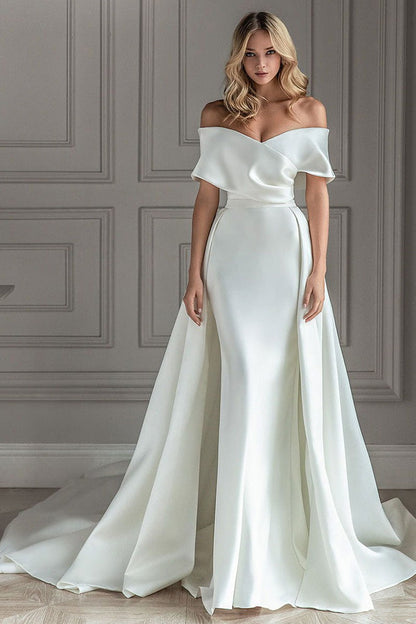 Retro White Wedding Dress With Train Satin Off The Shoulder Pleated Mermaid Bridal Gowns