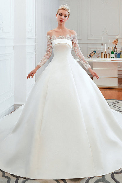 Romantic Lace Long Sleevess Princess Satin Wedding Dress