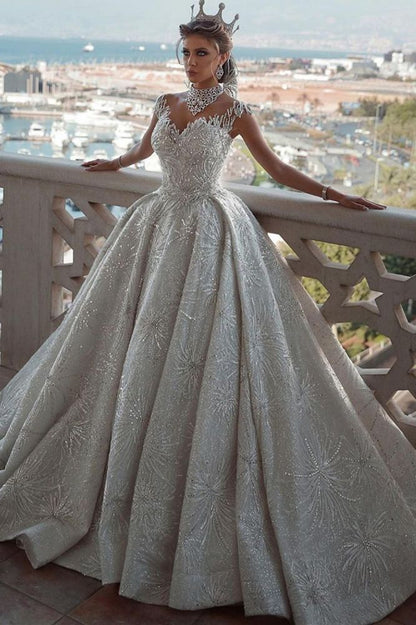 Romantic Sequined Pattern A line Wedding Dress V Neck Sleeveless Crystal Gowns