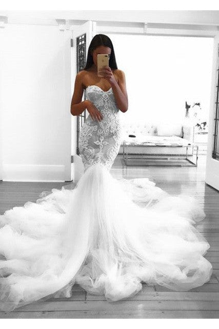 Romantic Sweetheart Lace White Sheer Wedding Dress Mermaid Bridal Gown