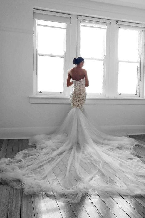 Romantic Sweetheart Lace White Sheer Wedding Dress Mermaid Bridal Gown