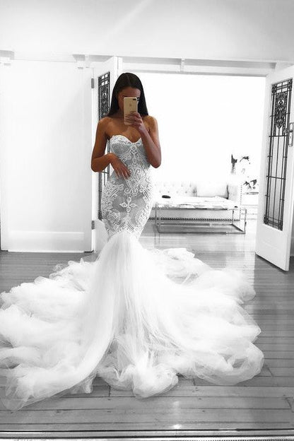 Romantic Sweetheart Lace White Sheer Wedding Dress Mermaid Bridal Gown