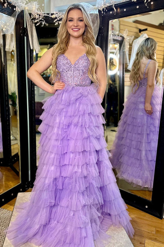 Rosaline | Lavender Appliques V-Neck Ruffle Tiered Long Prom Dress