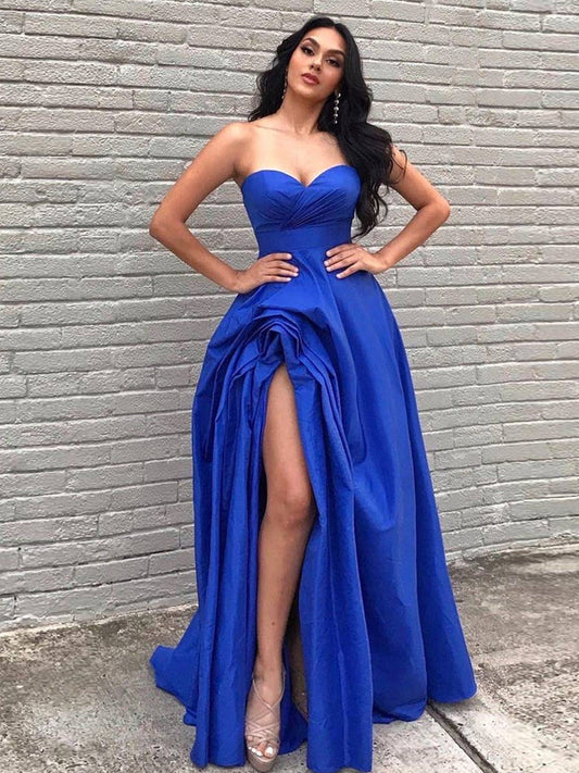 Rosario | A Line Sweetheart Satin Long Prom Dresses with Slit