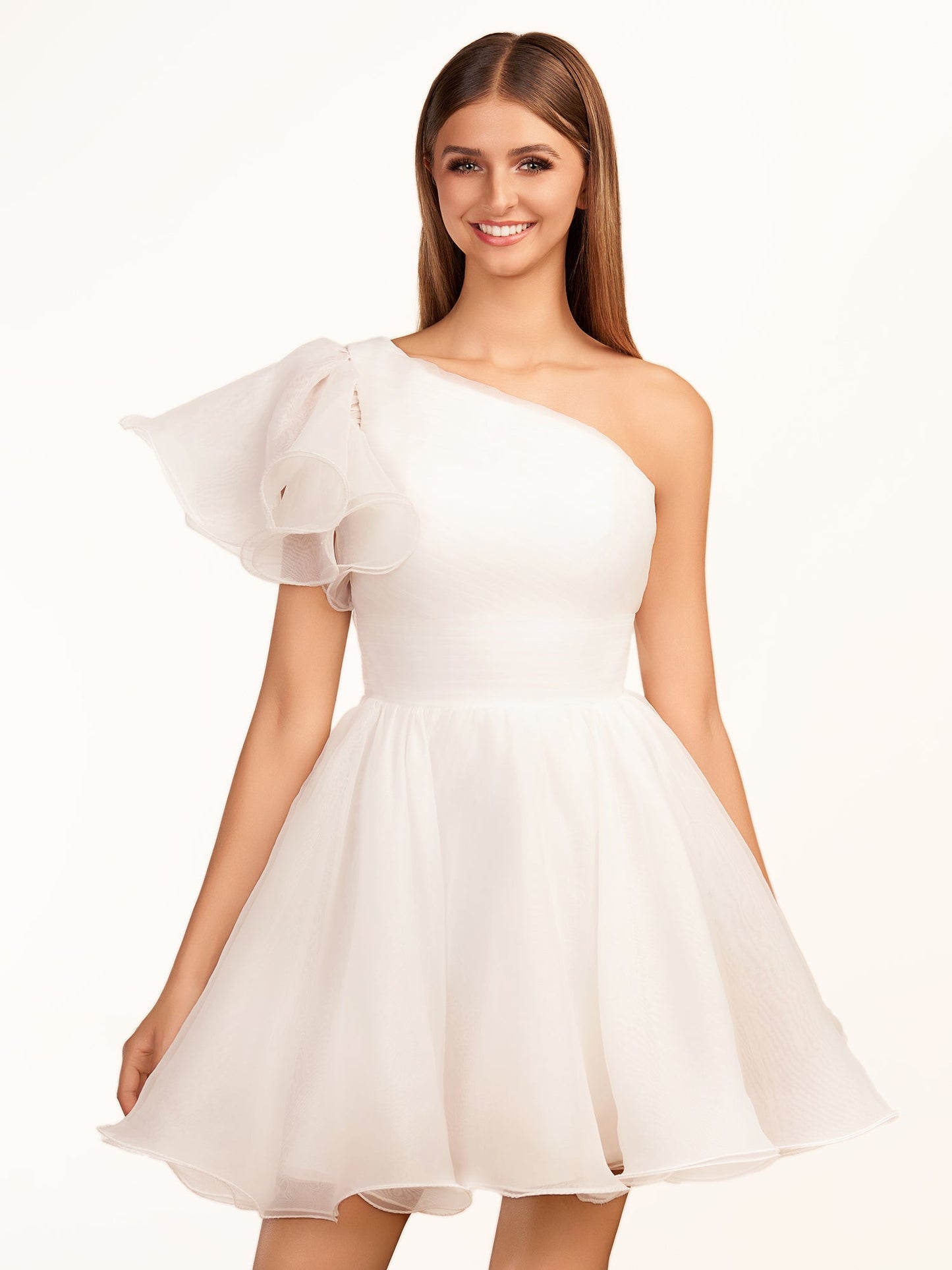 Rose | Ivory A-line One Shoulder Organza Ruffled Homecoming Dress