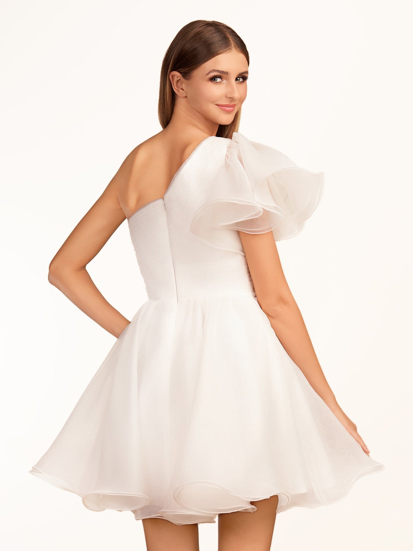 Rose | Ivory A-line One Shoulder Organza Ruffled Homecoming Dress