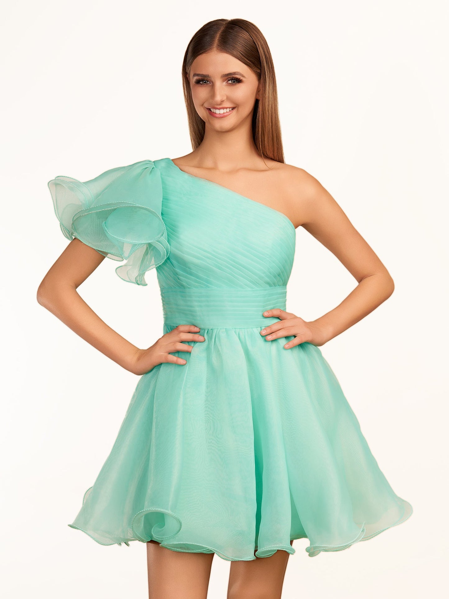 Rose | Ivory A-line One Shoulder Organza Ruffled Homecoming Dress