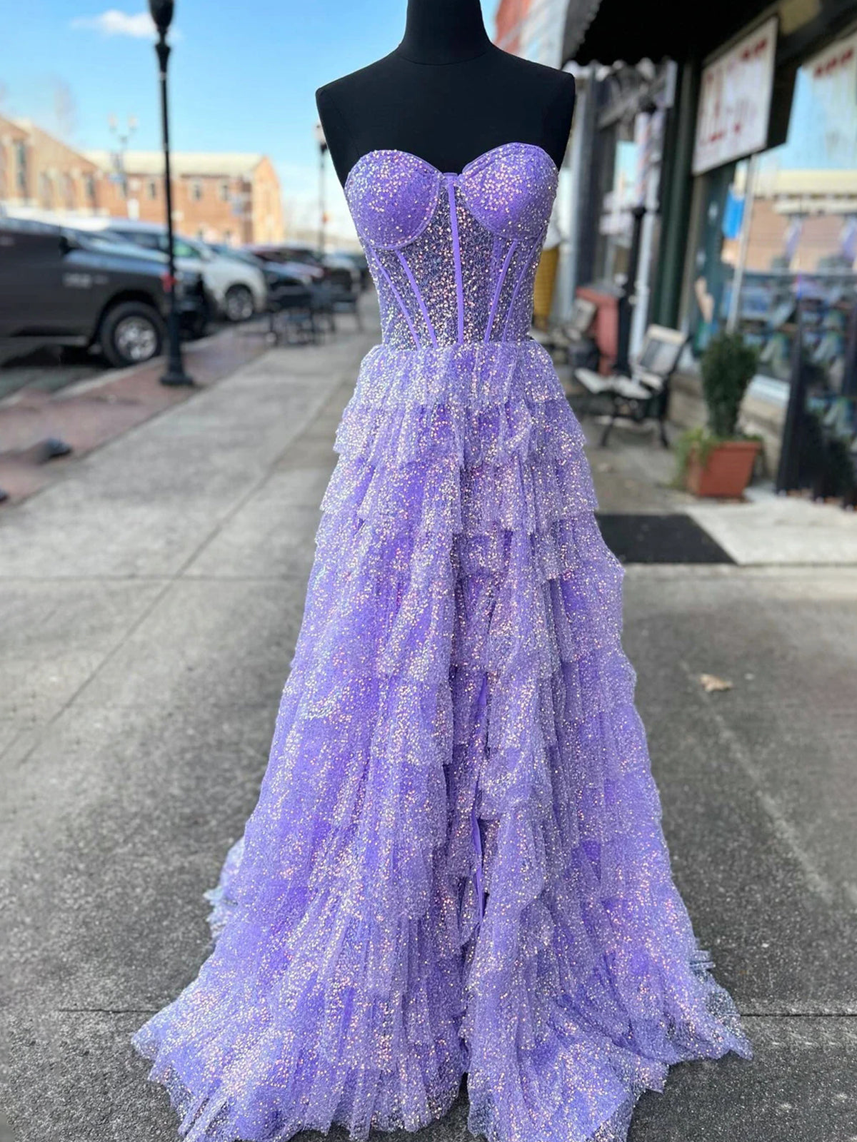 Rosina | Lavender A-Line Sweetheart Sequins Long Prom Dresses With Split