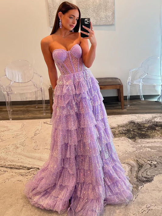 Rosina | Lavender A-Line Sweetheart Sequins Long Prom Dresses With Split