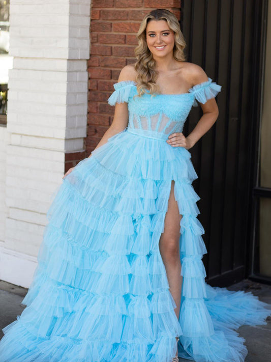 Adalynn | Royal Blue Off the Shoulder Ruffle Tiered Tulle Long Prom Dresses with Slit