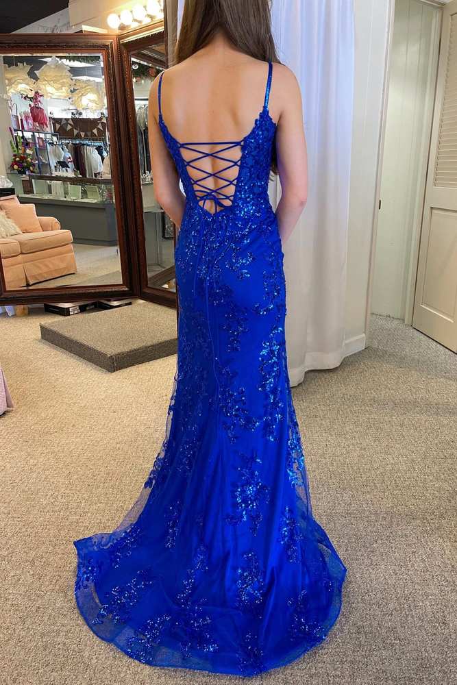 Harmonia | Royal Blue Plunging Neck Sweep Train Lace Prom Dress