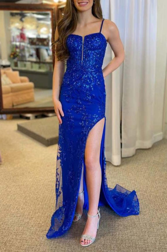 Harmonia | Royal Blue Plunging Neck Sweep Train Lace Prom Dress