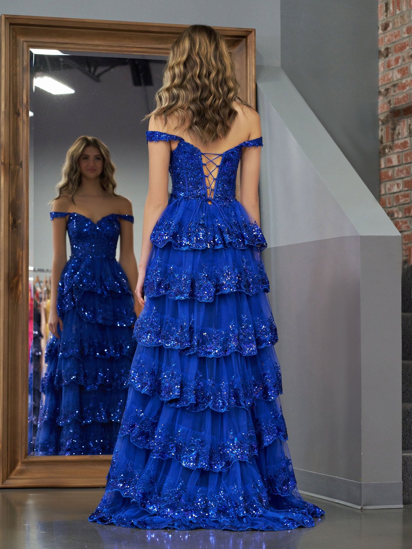 Royal Blue Princess A Line Off the Shoulder Corset Prom Dress with Lace Ruffles