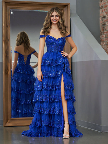 Royal Blue Princess A Line Off the Shoulder Corset Prom Dress with Lace Ruffles