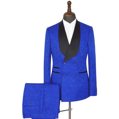 Royal blue Shawl Lapel Slim Fit Double Breasted Jacquard Wedding Suits