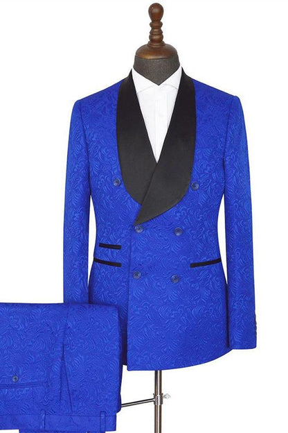 Royal blue Shawl Lapel Slim Fit Double Breasted Jacquard Wedding Suits