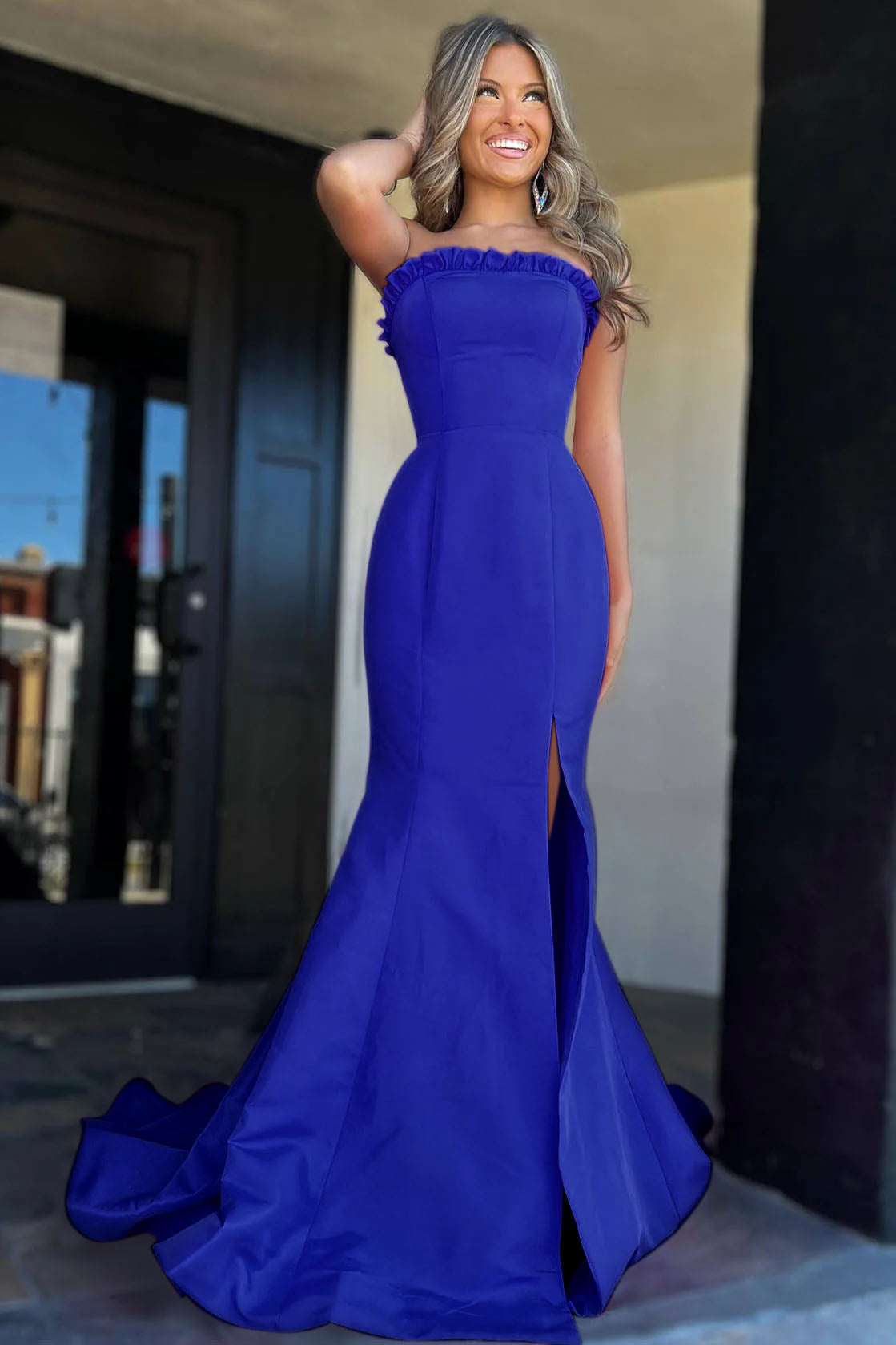 Denver | Strapless Maganta Ruffle Mermaid Slit Long Prom Dress