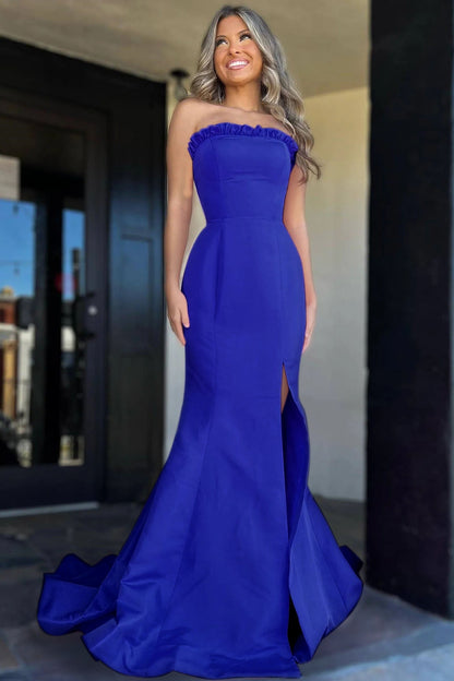 Denver | Strapless Maganta Ruffle Mermaid Slit Long Prom Dress