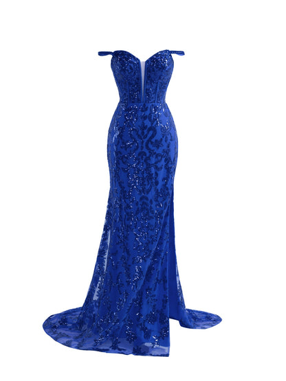 Erryn |Sparkly Blue Sheath Sequins Long Prom Dress with Slit