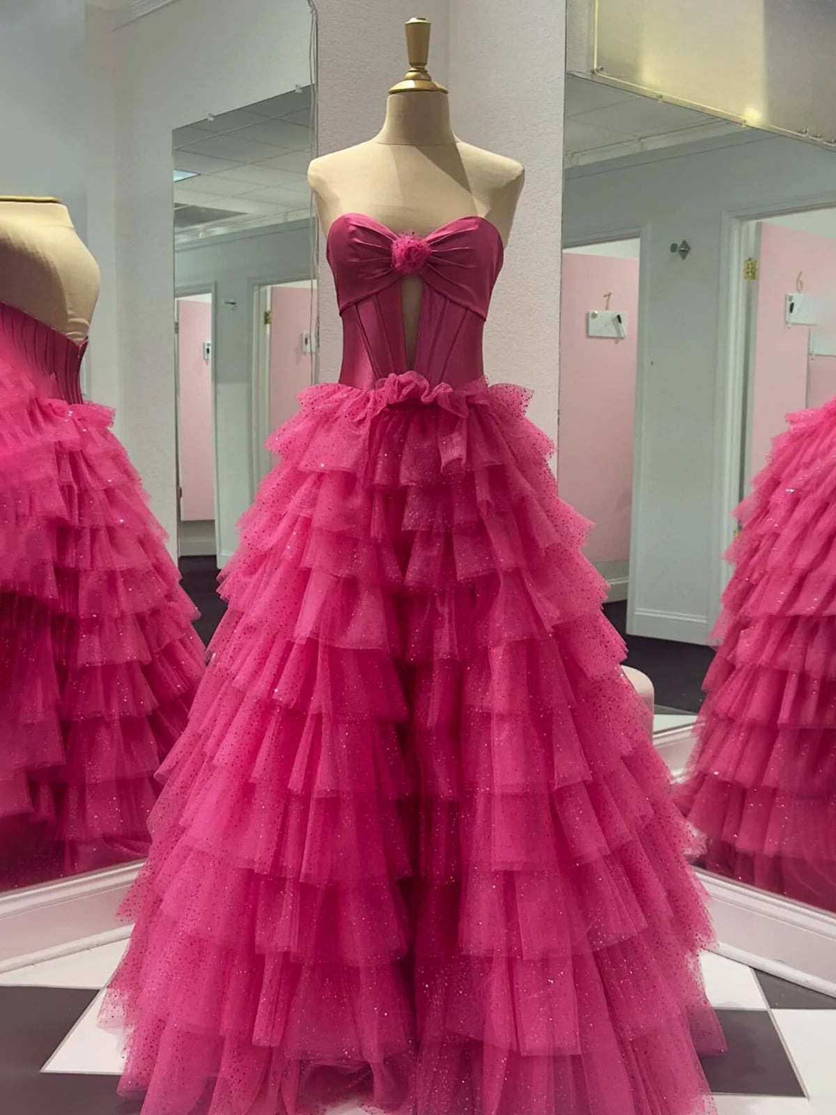 Rozara | Fuchsia A-Line Sweetheart Keyhole Tiered Tulle Long Prom Dresses