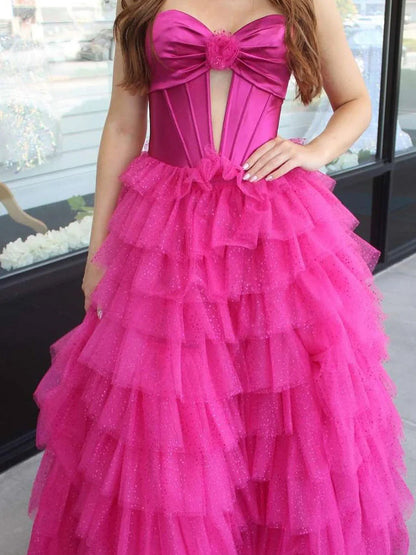 Rozara | Fuchsia A-Line Sweetheart Keyhole Tiered Tulle Long Prom Dresses