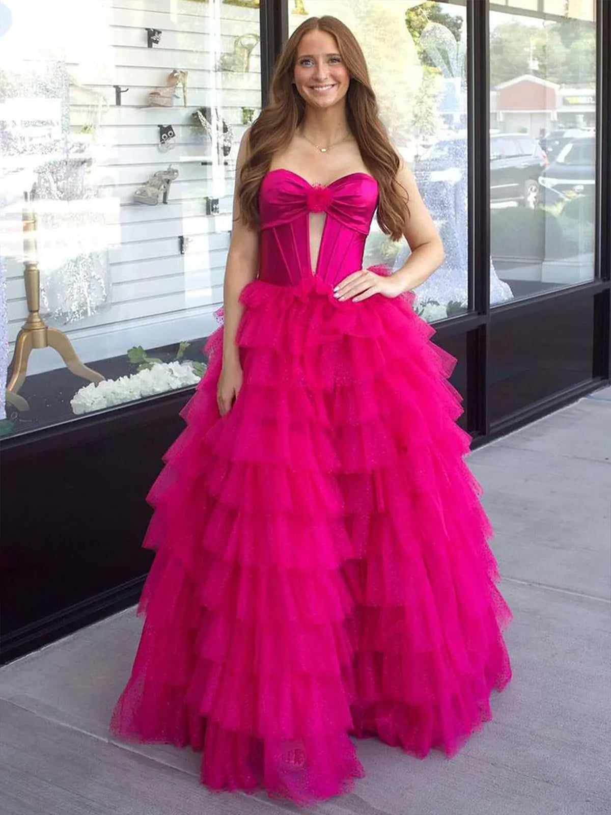 Rozara | Fuchsia A-Line Sweetheart Keyhole Tiered Tulle Long Prom Dresses