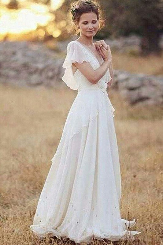 Ruched Floor Length A Line V neck Chiffon Short Sleeves Wedding Dresses