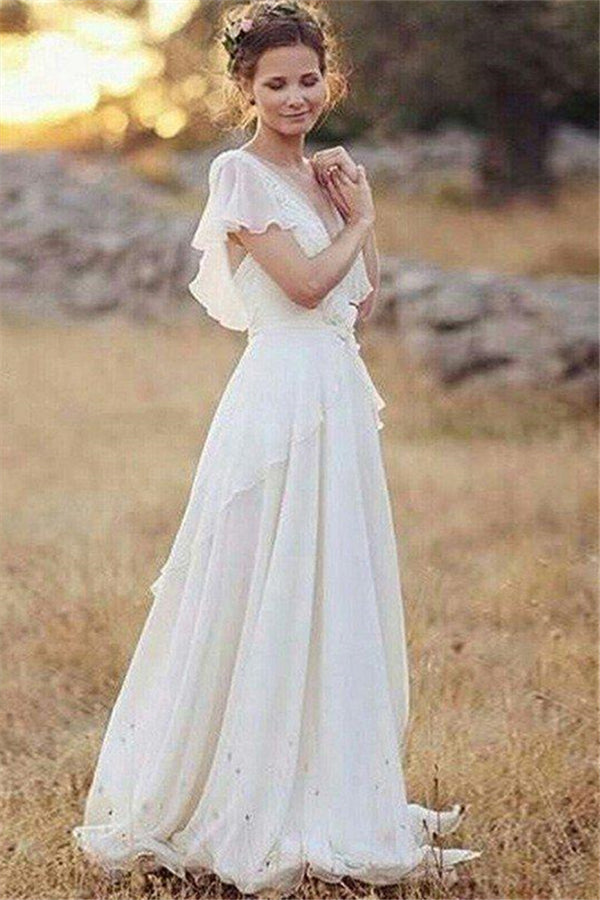 Ruched Floor Length A Line V neck Chiffon Short Sleeves Wedding Dresses